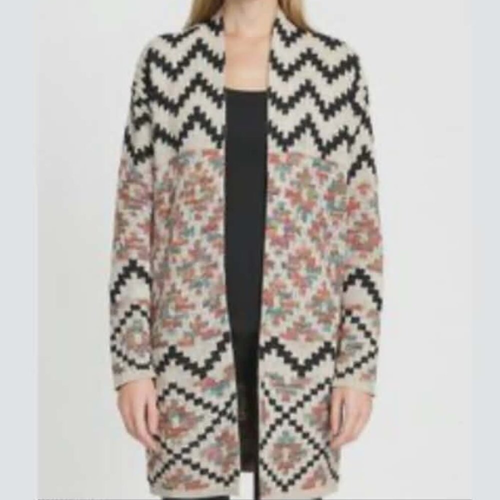 Cozy Southwestern Multi Color Gray Black Design Long Open Cardigan Sweater S-M
